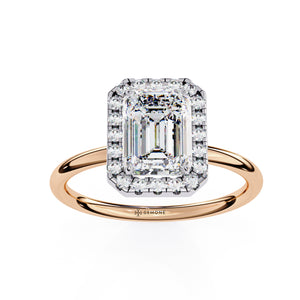 Emerald Shaped Man Made Diamond Halo Ring In Rose Gold