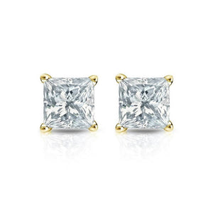 2 Carat Princess Cut 4 Prong Diamond Stud Earrings In Yellow Gold