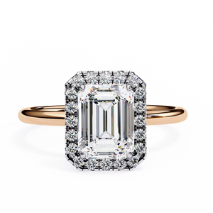 Emerald Shaped Man Made Diamond Halo Ring In Rose Gold