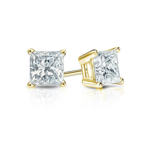 2 Carat Princess Cut 4 Prong Diamond Stud Earrings In Yellow Gold