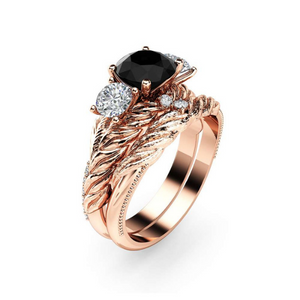 1.50 Carat Round Cut Rope Design Black And White Diamond Bridal Set Ring
